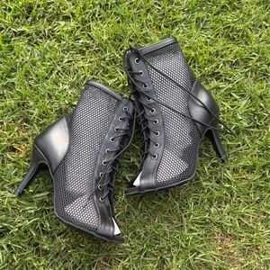 Black Lace-Up Peep Toe Ankle Boots - Women's Fashion Heels